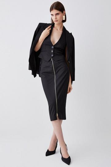 Black Pinstripe Corset Waist Zip Front Pencil Skirt