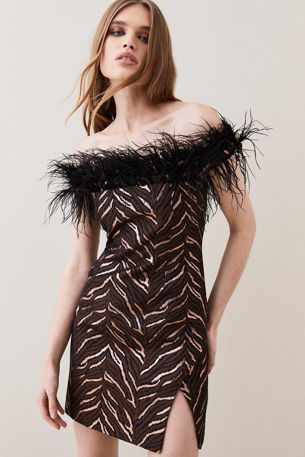 Animal Jacquard Feather Off The Shoulder Mini Dress Karen Millen