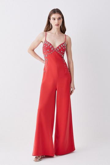 Embellished Lace Mix Strappy Woven Jumpsuit raspberry