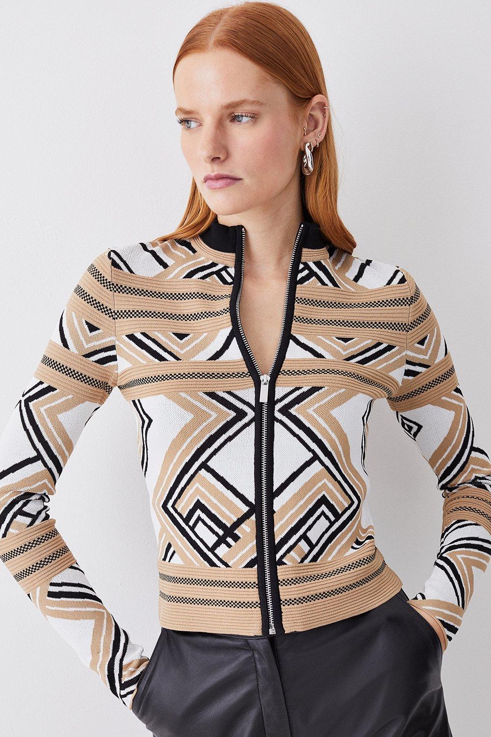 Abstract Jacquard Zip Through Long Sleeve Knit Sweater | Karen Millen