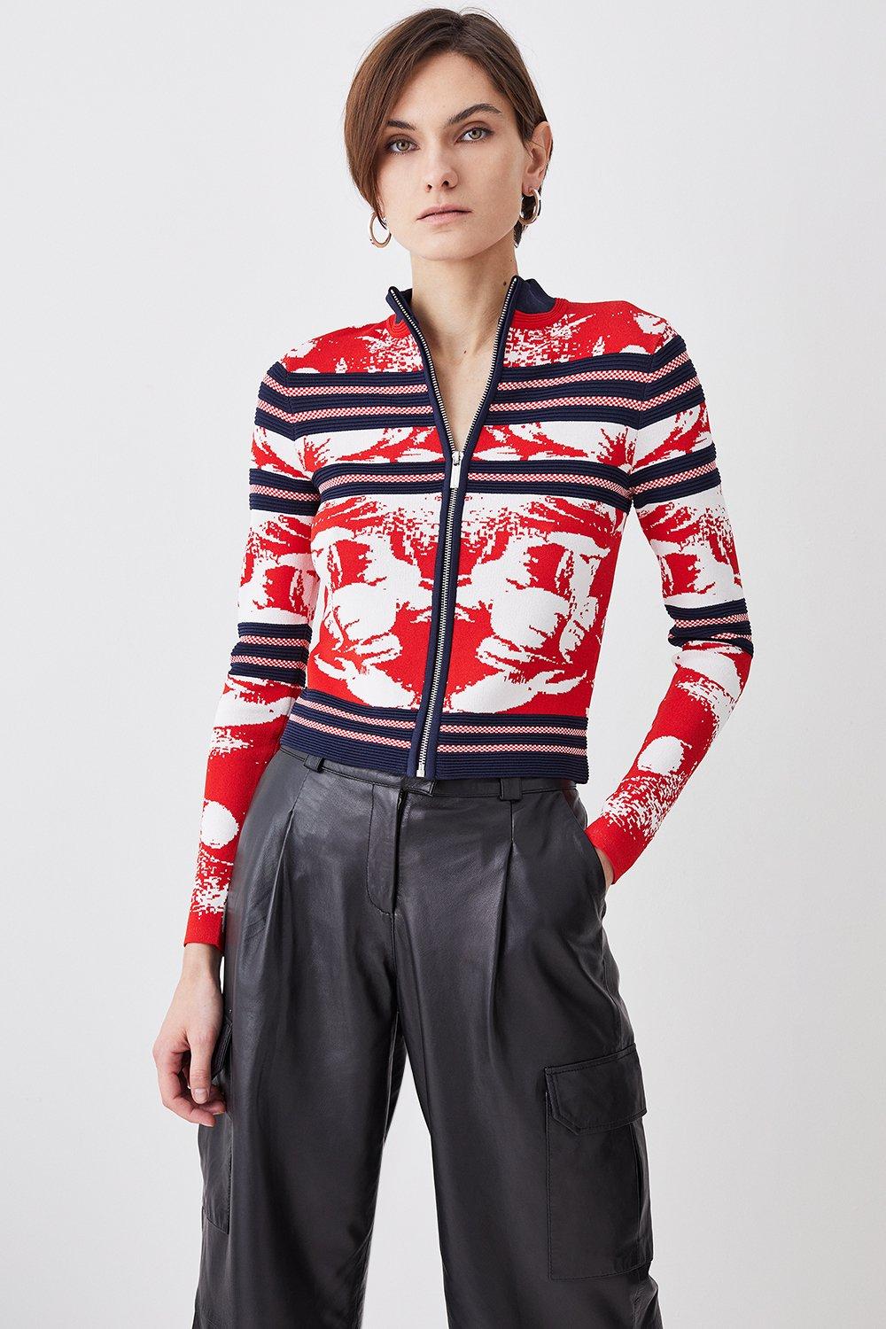 Mirror Floral Jacquard Zip Through Long Sleeve Knit Sweater