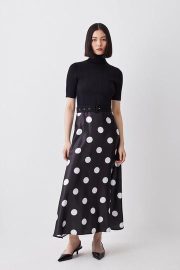 Black Polka Dot Printed Satin Skirt Half Sleeve Rib Knit Midi Dress