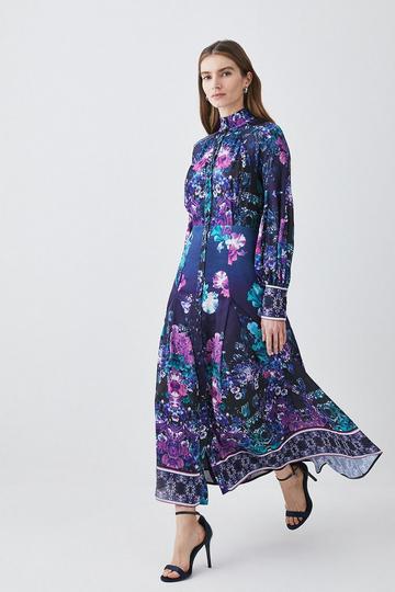 Tall Boarder Floral Print Satin Woven Midi Dress purple