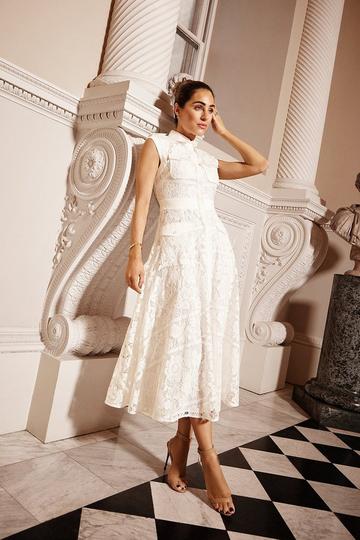 White Lydia Millen Lace Military Mix Woven Midi Dress