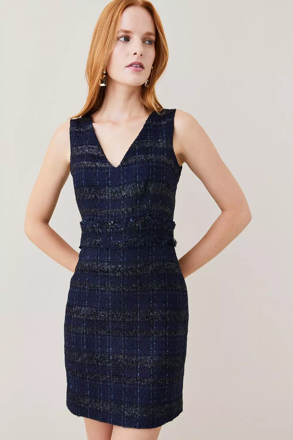 Tweed Frayed Waistband Detail Mini Dress Karen Millen