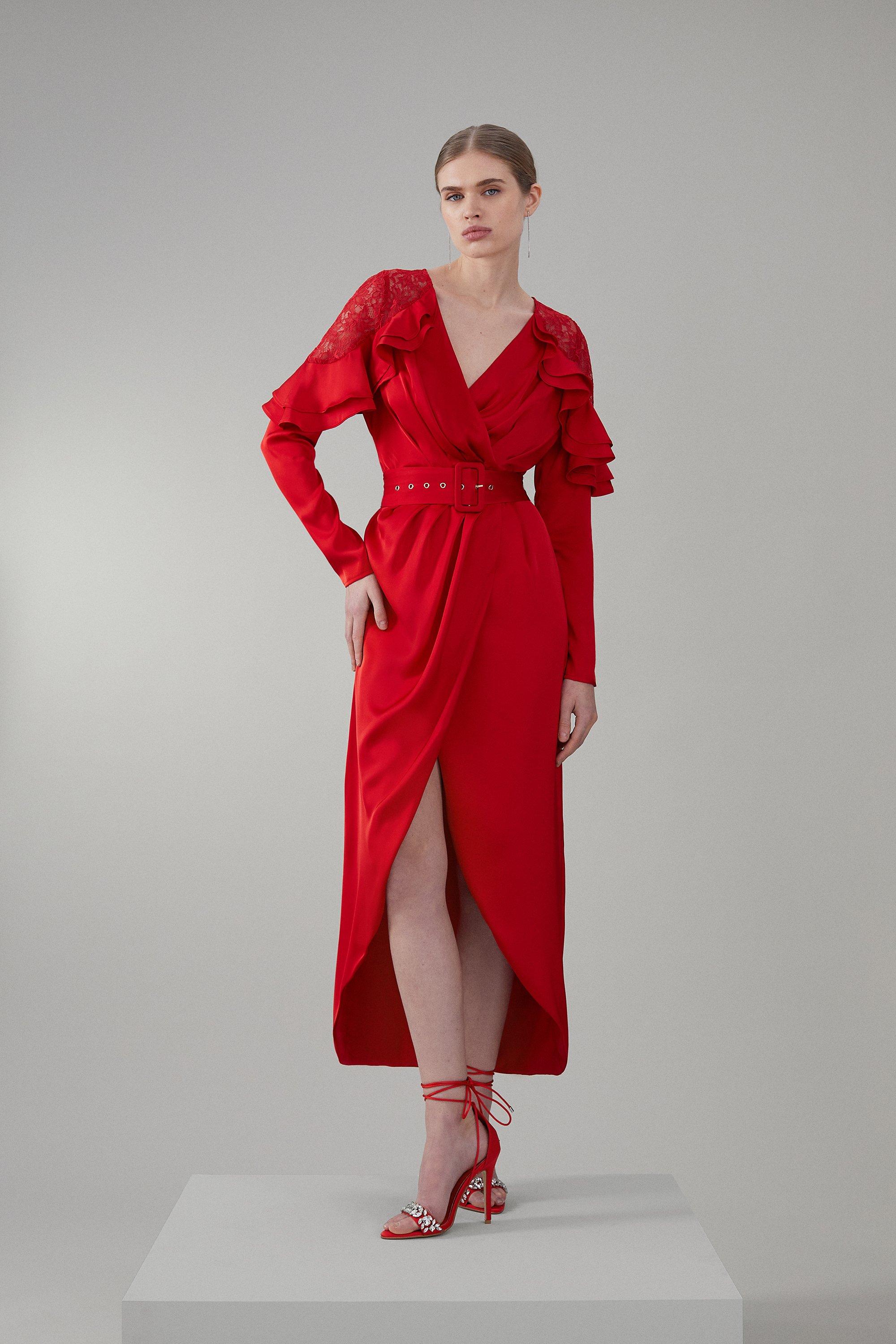 Aidyl Satin Ruffle Maxi Dress in Red