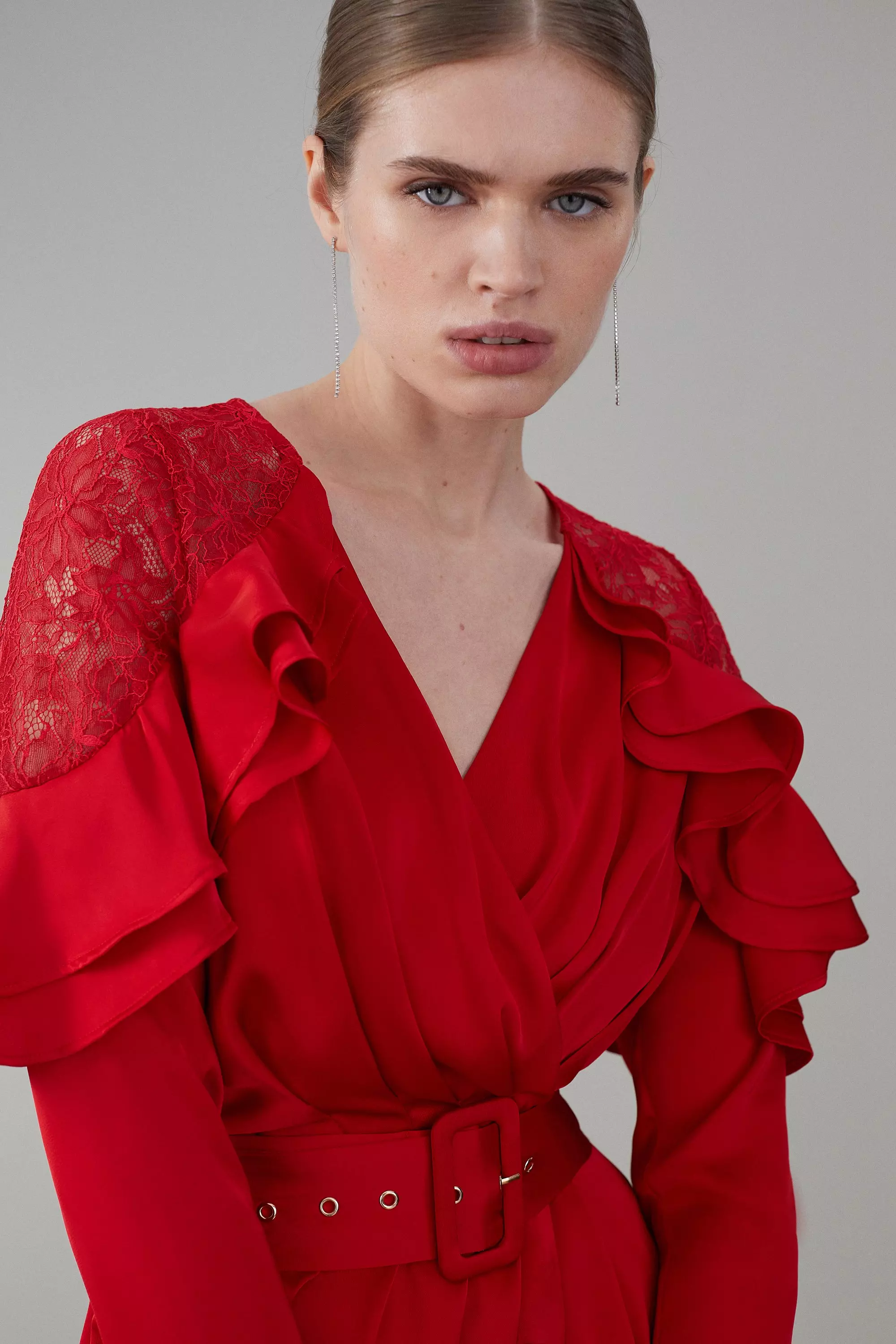 Red lace best sale ruffle dress