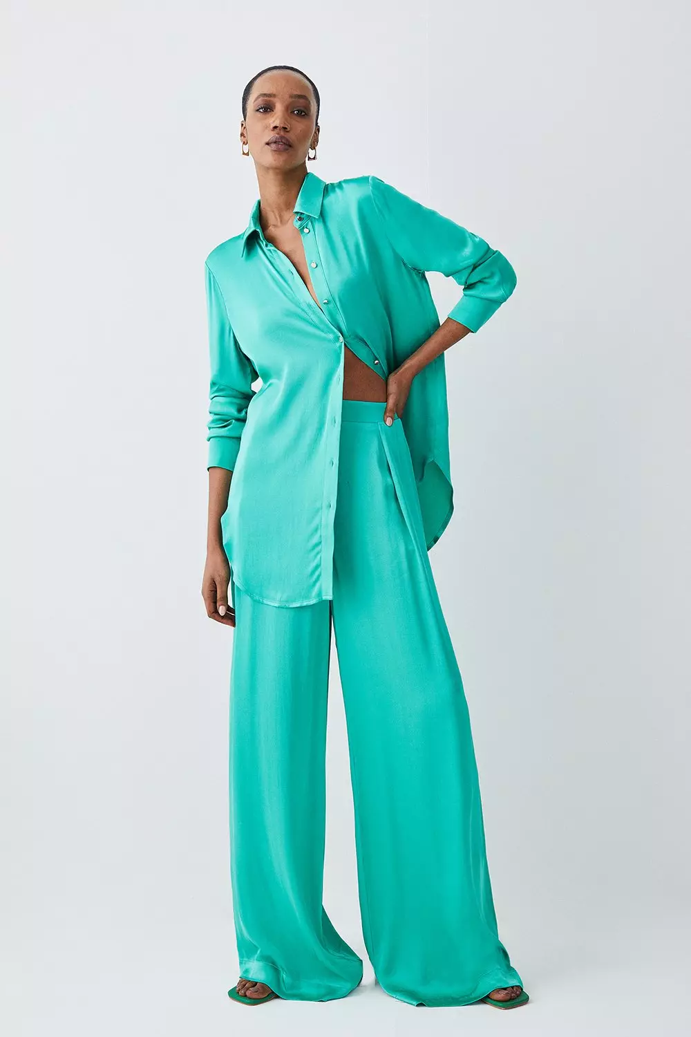 Dress Up Satin Wide Leg Pants- Sea Green