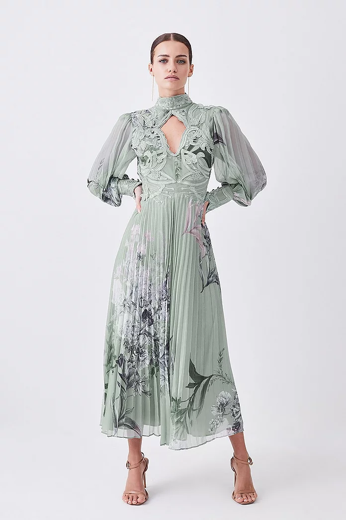 Lydia Millen Petite Floral Applique Lace Pleated Maxi Dress
