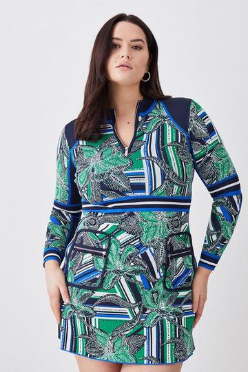 Green Plus Size Floral Abstract Jacquard Knit Zip Neck Mini Dress