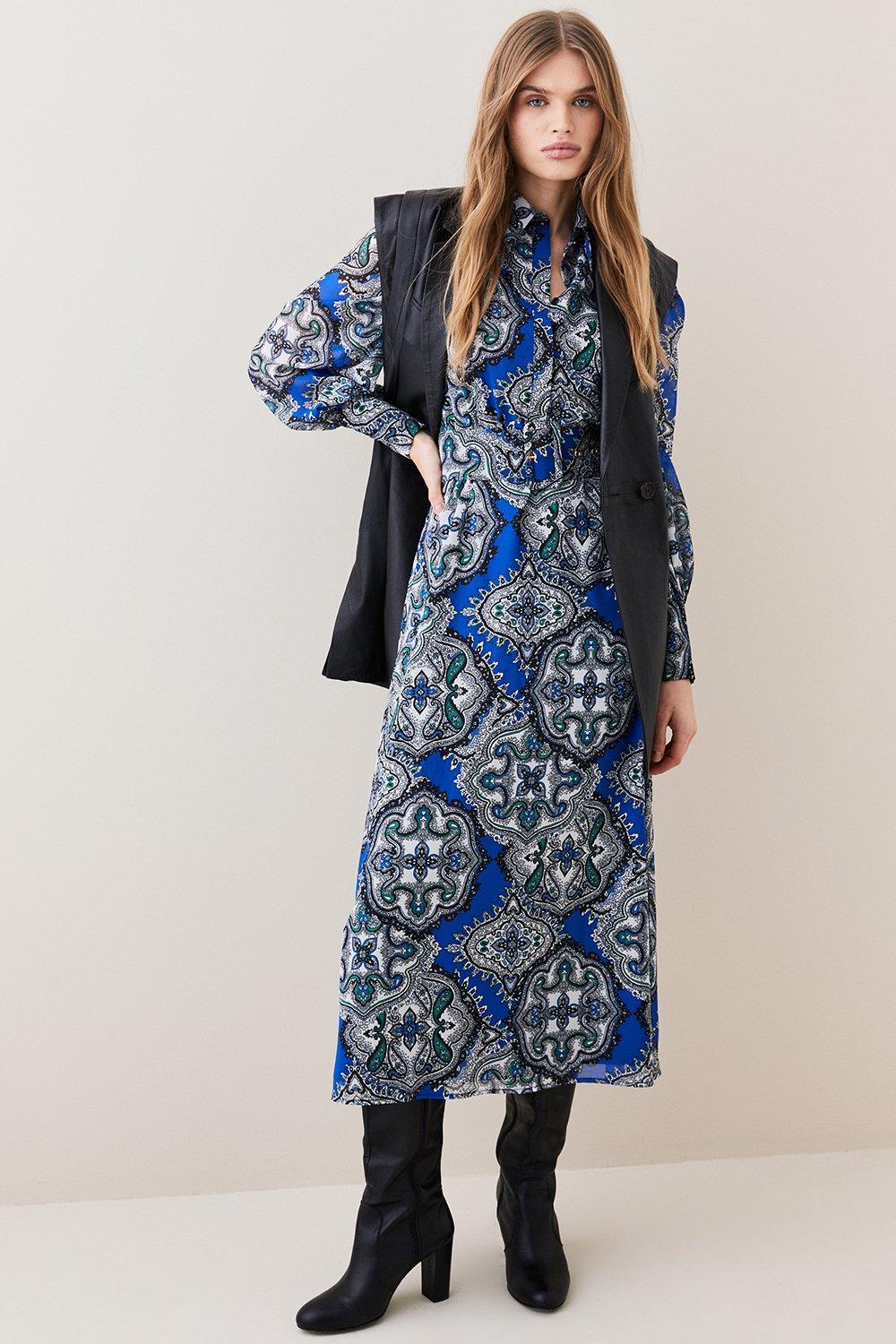 Petite Tile Print Georgette Pleated Woven Shirt Dress | Karen Millen