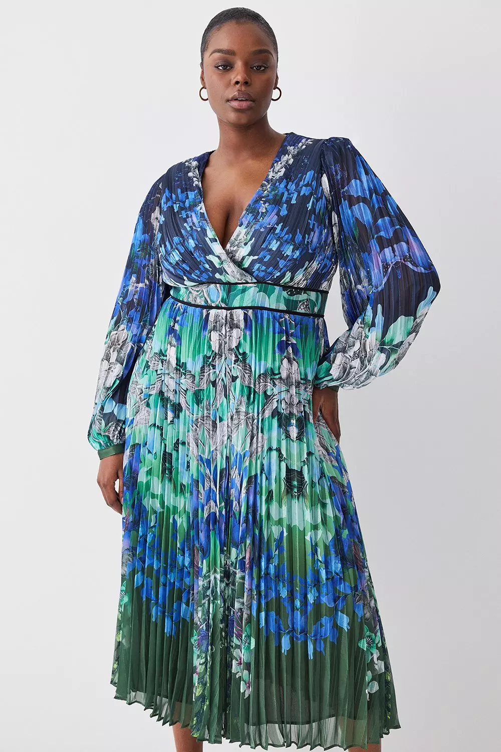 Plus Size Mirrored Ombre Floral Pleat Drama Woven Midi Dress