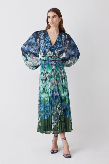 Tall Mirrored Ombre Floral Pleat Drama Woven Midi Dress blue