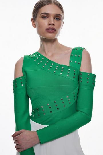 Green Bandage Knit Cold Shoulder Stud Detail Asymmetric Top