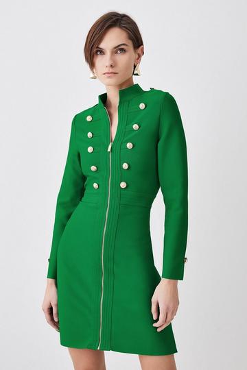 Long Sleeve Military Trim A-line Bandage Knit Mini Dress green