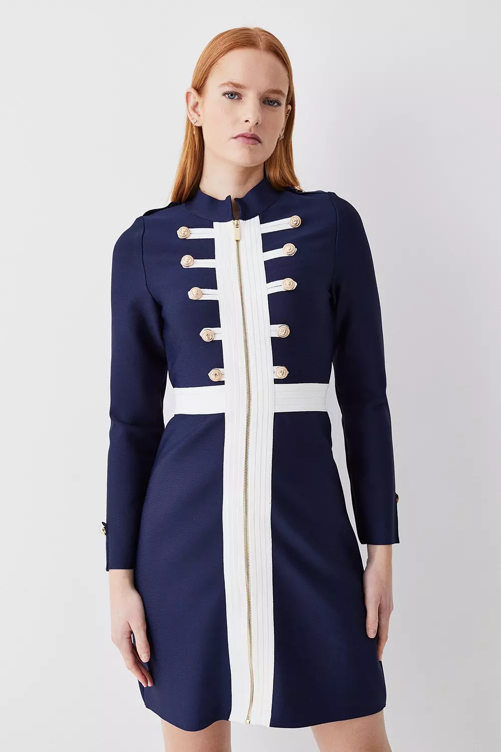 Long Sleeve Military Trim A-line Bandage Knit Mini Dress | Karen Millen