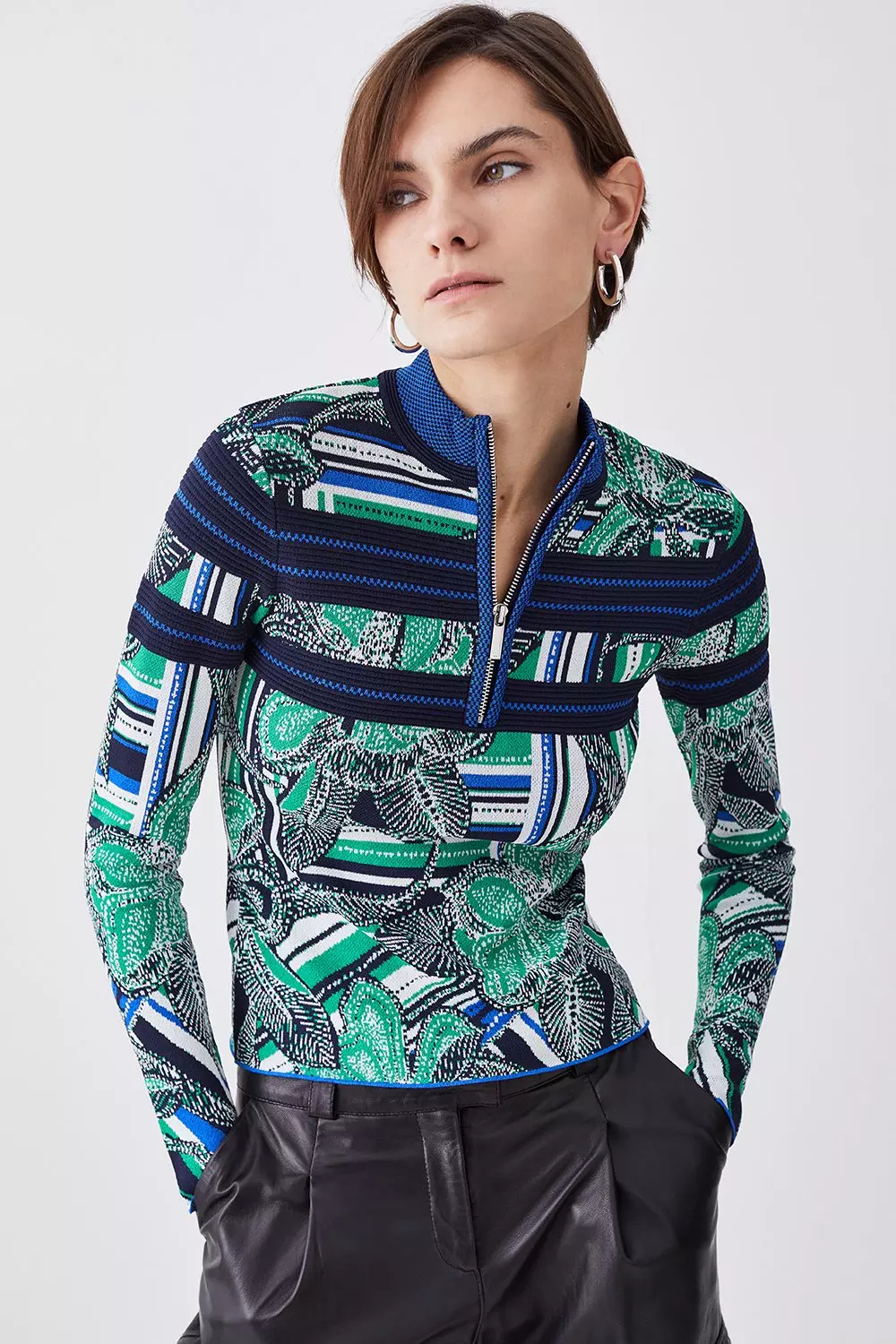 Floral Stripe Jacquard Zip Neck Knit Jumper