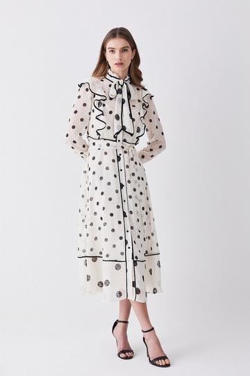 White Mixed Dot Piped Ruffle Georgette Midi Dress