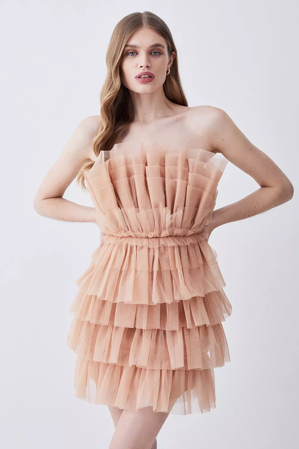 CRAZY FOR YOU BELTED TIERED TULLE MINI DRESS In BEIGE,, 48% OFF