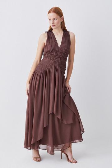 Lydia Millen Tall Crinkle Satin Chiffon Woven Maxi Dress chocolate