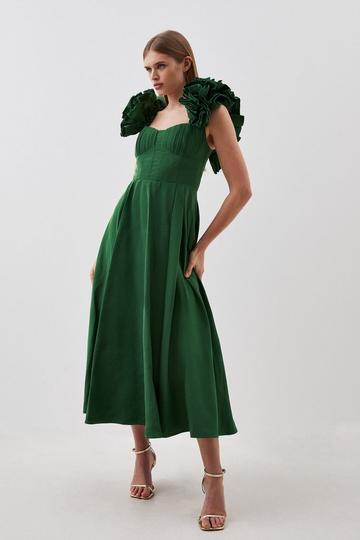 Taffeta Ruffle Woven Midi Dress emerald