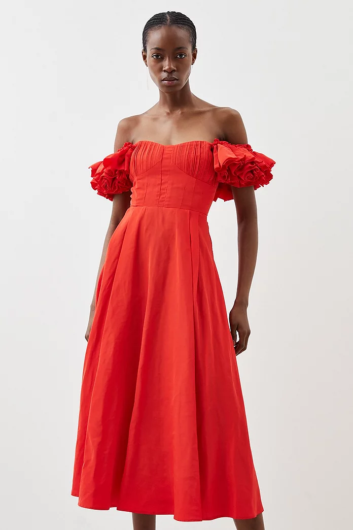 Taffeta Ruffle Woven Midi Dress | Karen Millen