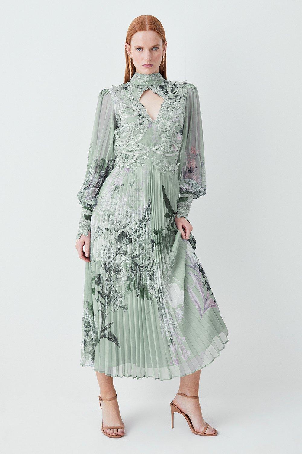 Lydia Millen Tall Size Floral Applique Pleated Maxi Dress | Karen