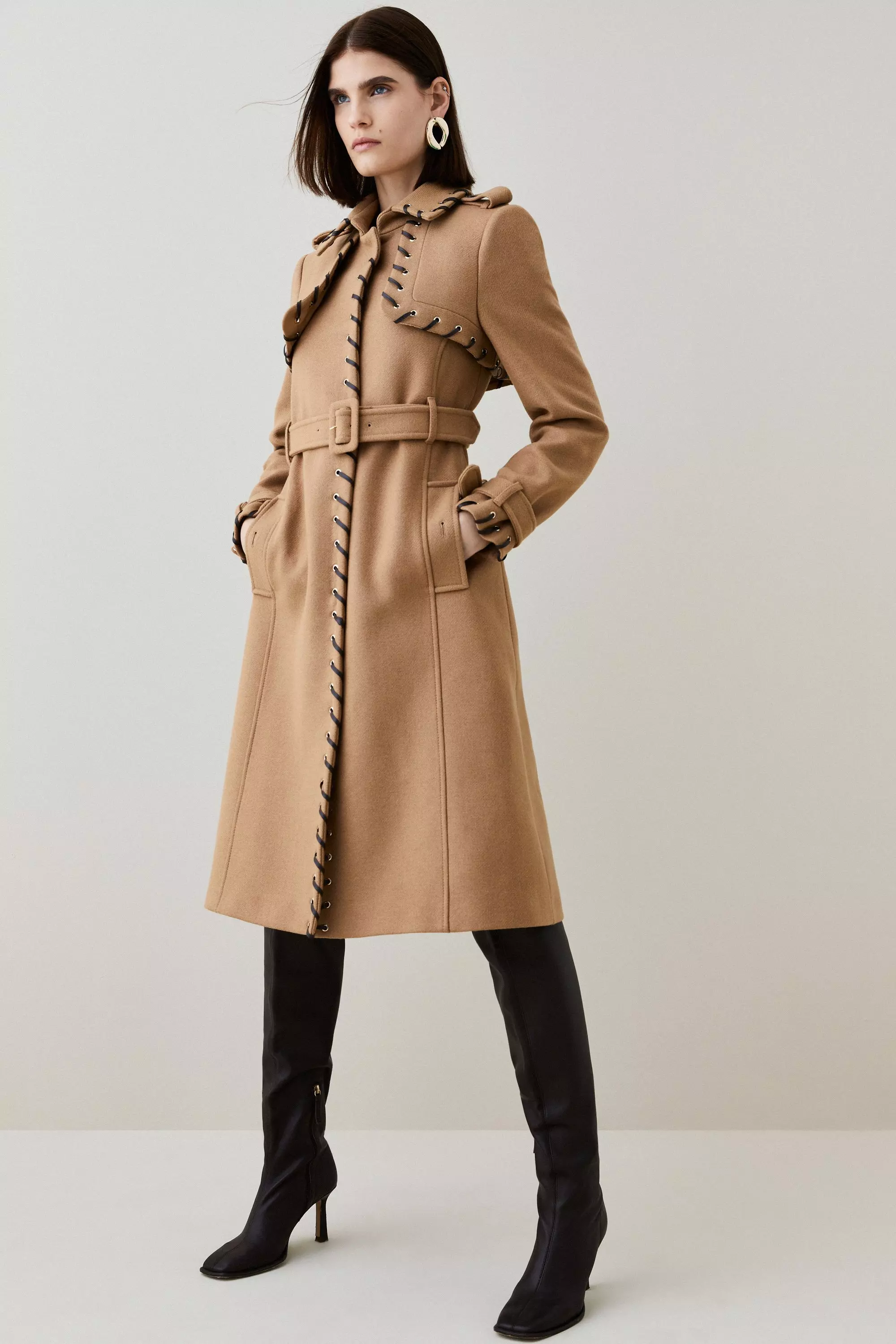 18.01 Italian Virgin Wool Whipstitch Trench Coat | Karen Millen