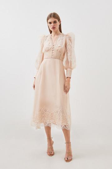 Cutwork Organdie Buttoned Woven Midi Dress blush