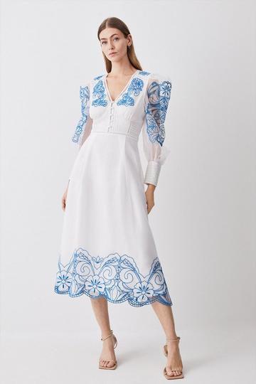 White Cutwork Organdie Buttoned Woven Midi Dress