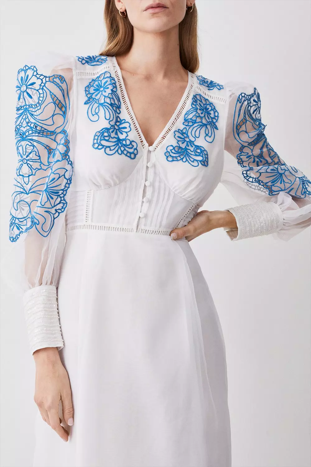 Cutwork Organdie Buttoned Woven Midi Dress | Karen Millen