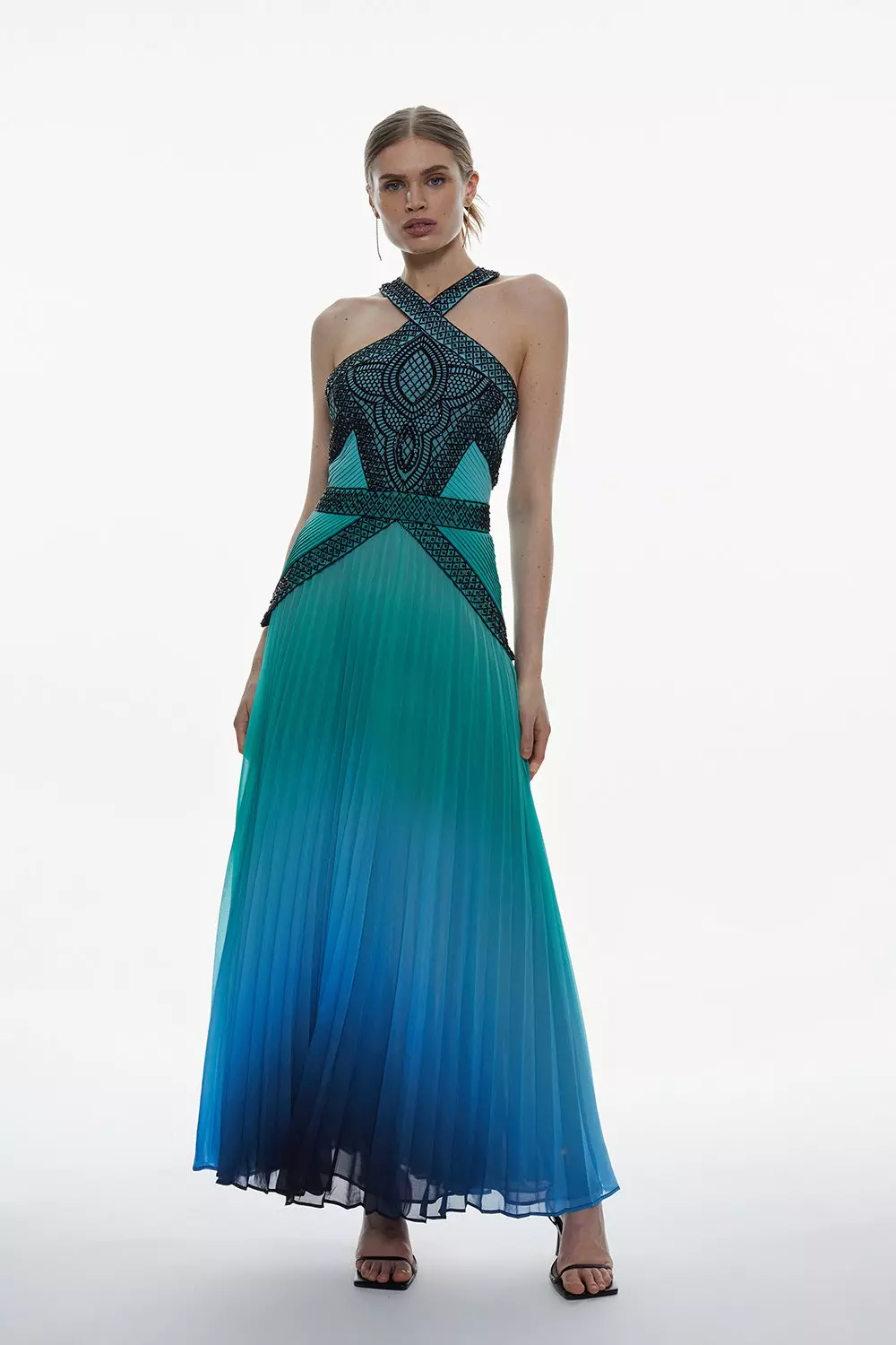 Embellished Ombre Print Pleated Maxi Dress