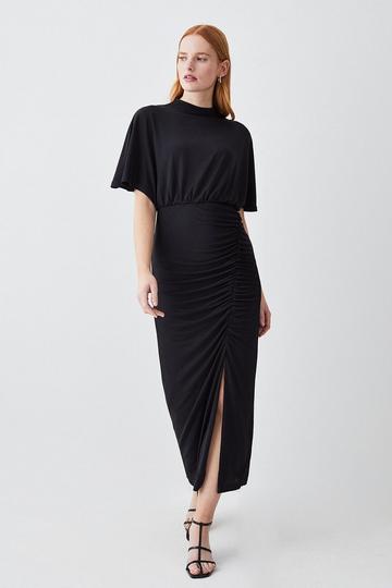 Black Jersey Crepe Sleeveless Front Split Midaxi Dress