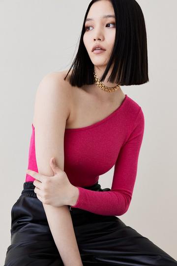 Premium Wool Blend One Shoulder Jersey Bodysuit pink
