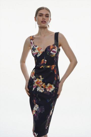 Italian Structured Stretch Photographic Orchid Corset Midi Dress floral