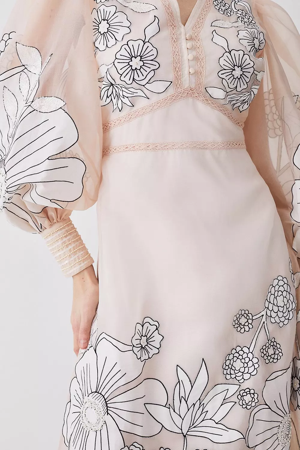 Karen Millen Womens Applique Organdie Floral Graphic Woven Maxi Dress - Black - Size 4