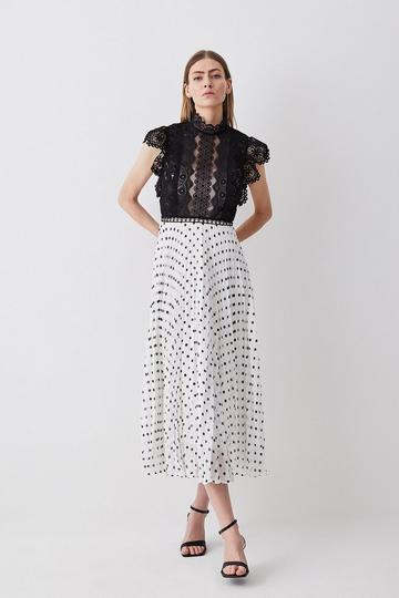 Guipure Lace Dot Pleated Skirt Midi Dress mono