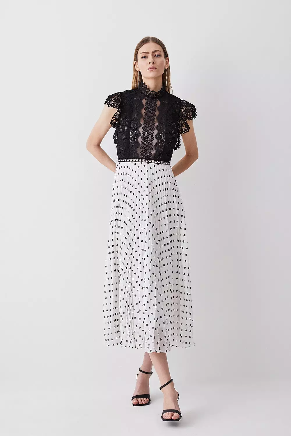 Guipure Lace Dot Pleated Skirt Midi Dress | Karen Millen