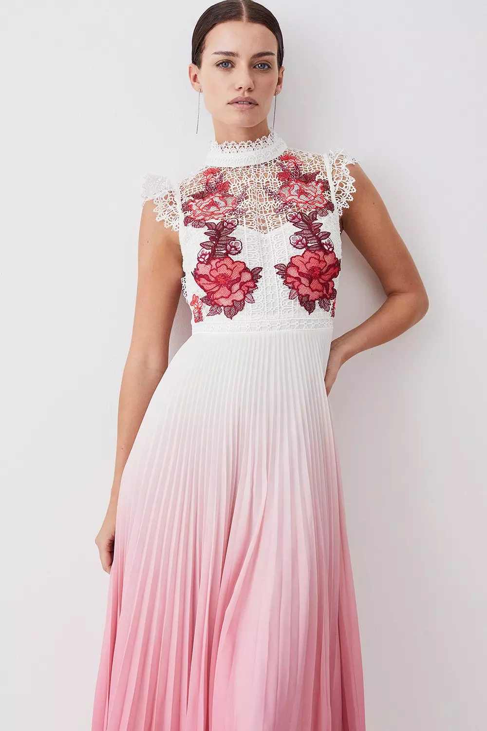 Petite Floral Applique On Lace Woven Midi Dress