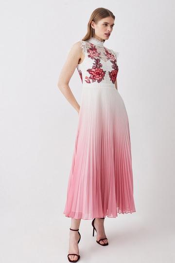 Tall Rose Guipure Lace Woven Pleat Skirt Midi Dress rose