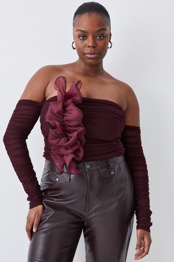 Plus Size Ponte And Mesh Ruched Organza Frill Bardot Top chocolate