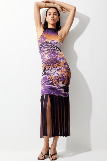 Purple Sleeveless Slinky Jacquard Cut Out Back Knitted Midi Dress