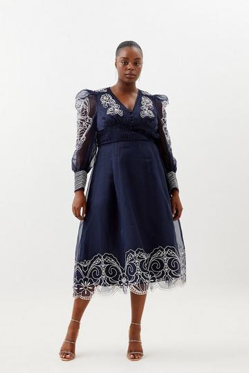 Plus Size Cutwork Organdie Buttoned Woven Maxi navy