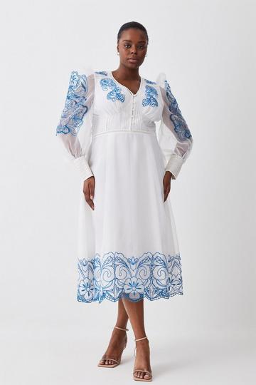 Plus Size Cutwork Organdie Buttoned Woven Maxi white