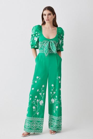 Petite Floral & Geo Embroidered Woven Jumpsuit green