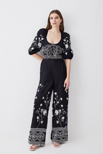 Black Floral & Geo Embroidered Woven Jumpsuit