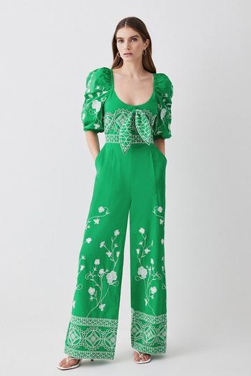 Green Floral & Geo Embroidered Woven Jumpsuit