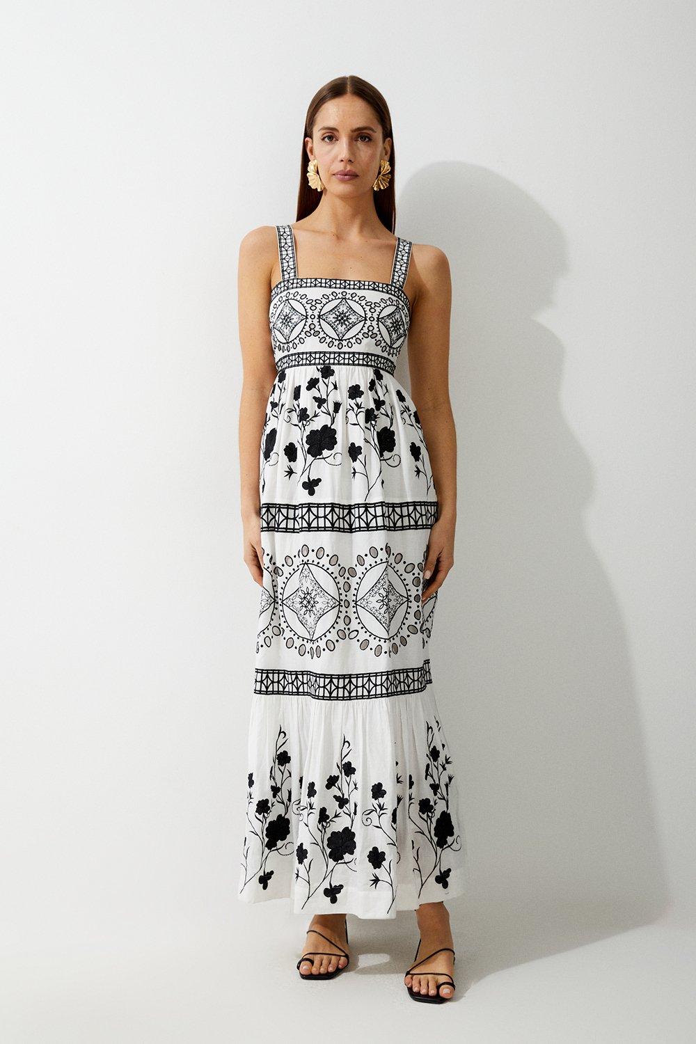 Petite Floral & Geo Embroidered Woven Maxi Dress - Mono