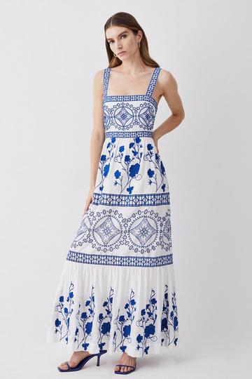 Blue Floral & Geo Embroidered Woven Midaxi