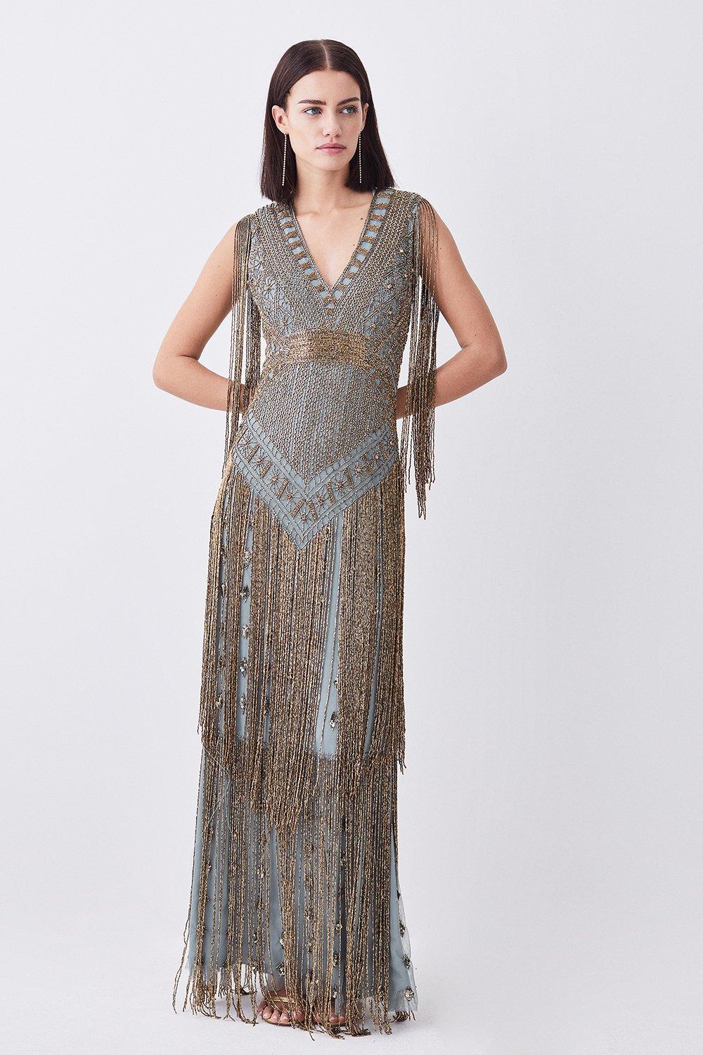 Petite Beaded Fringed Woven Maxi Dress Karen Millen